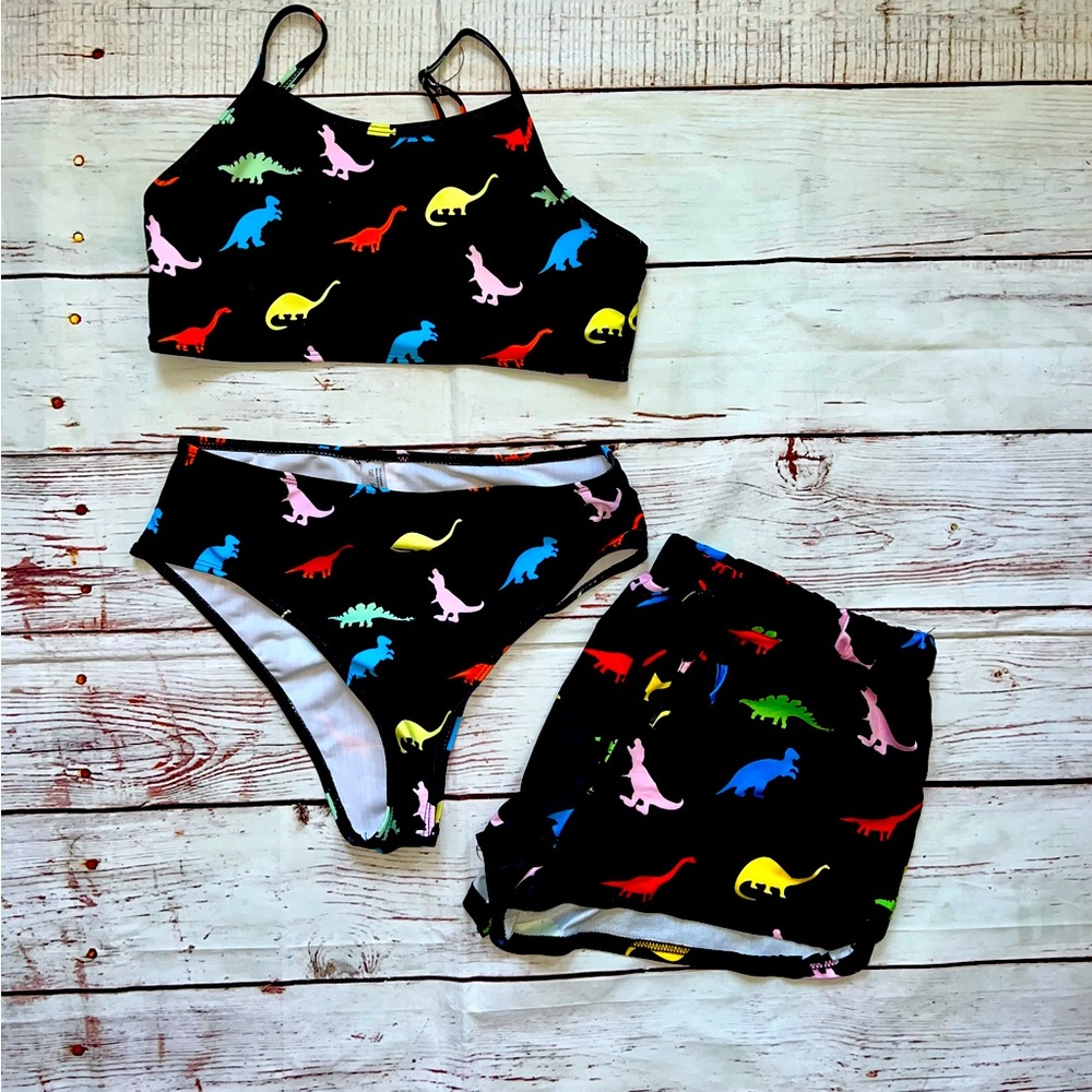 SHEIN colorful Dinosaur two-piece bikini set w/matching shorts youth size medium